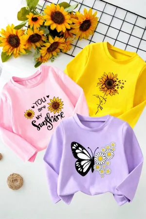 Pack of 3 Sunshine Bloom Charm Printed Long Sleeve T-shirts for Girls