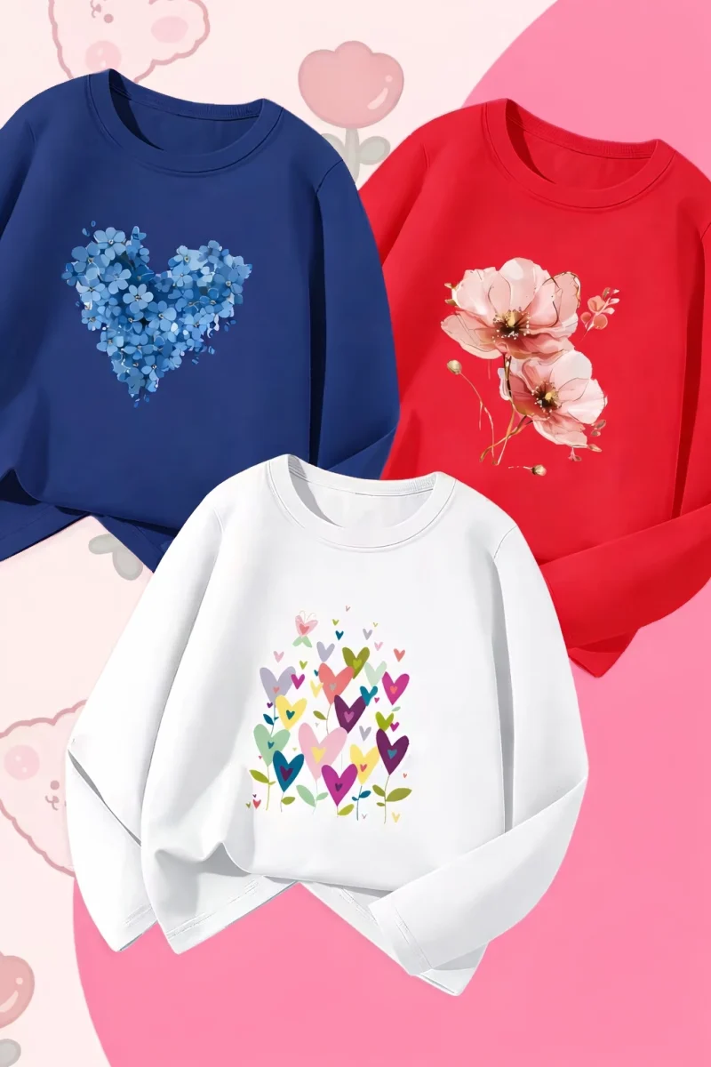 Pack of 3 Blossom Heart Glow Printed Long Sleeve T-shirts for Girls