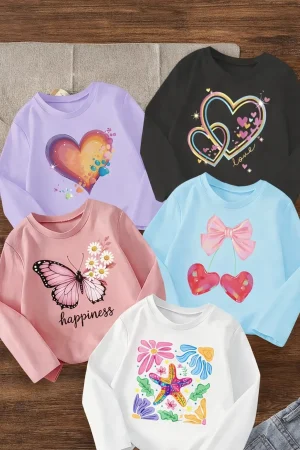Pack of 5 Happiness Colorful Heart Printed Long Sleeve T-Shirts for Girls