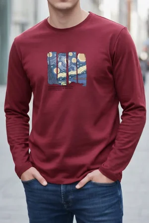 Starry Sky Moral Printed Long Sleeve T-shirt for Mens