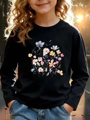 Floral Charm Printed Long Sleeve T-shirts for Girls