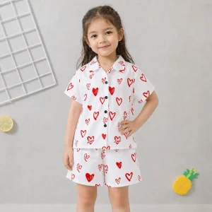 Love Red Heart Printed Girls Summer Short Suit