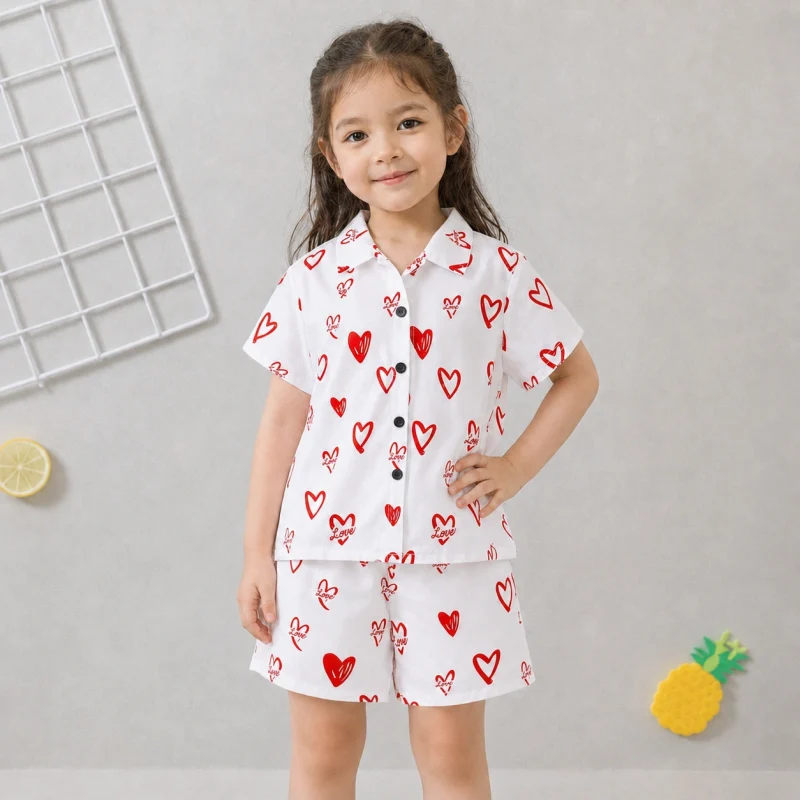 Love Red Heart Printed Girls Summer Short Suit