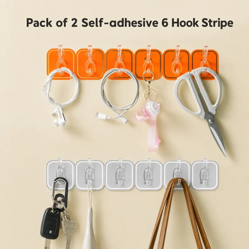 Pack of 2 Modern Design Self‑Adhesive 6 Hook Stripe