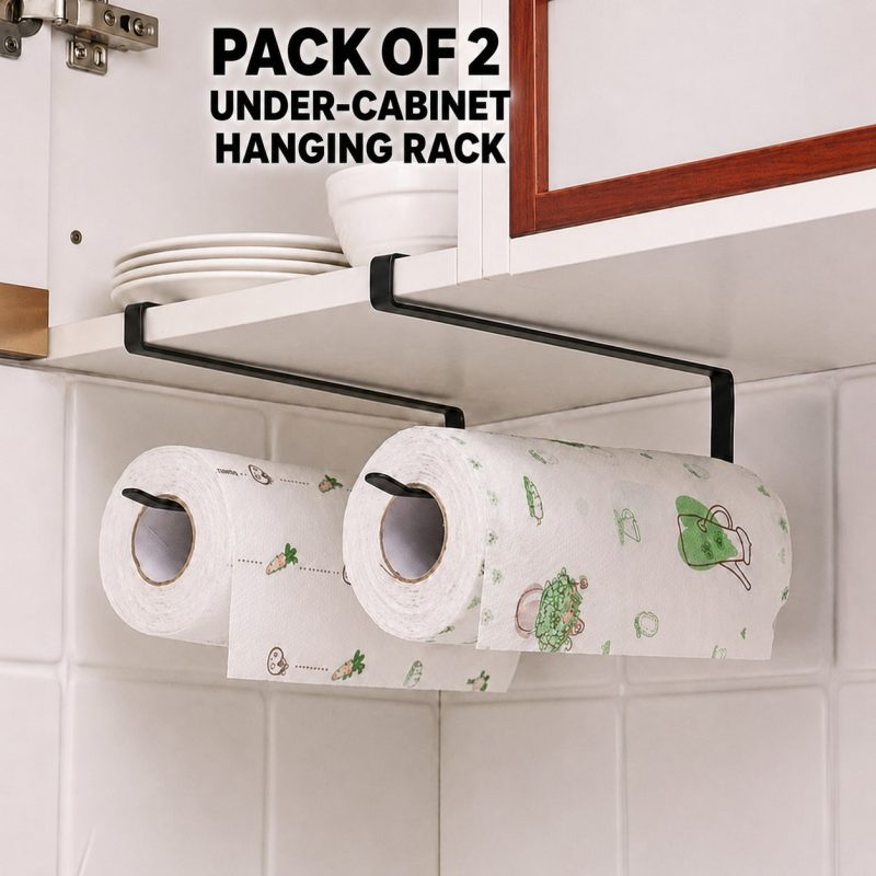 Pack of 2 Under-Cabinet Hanging Rack – Space-Saving Holder for Towels & Rolls