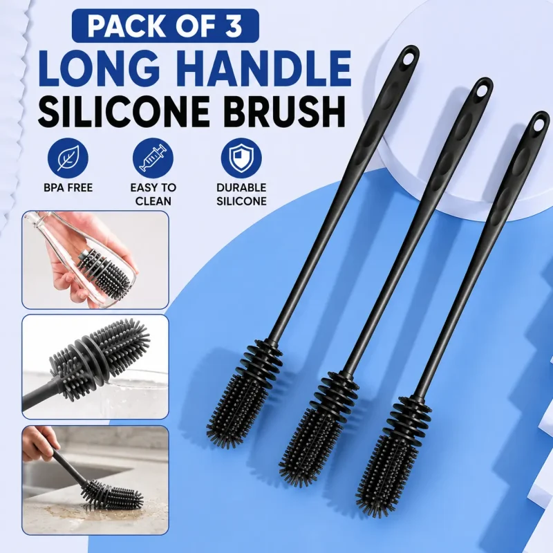 Pack of 3 Long Handle Silicone Brush – Flexible Bottle Cleaner