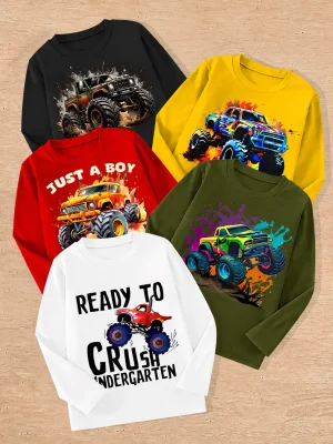 Pack of 5 Extreme Monster Truck Long Sleeve T-Shirts for Young Kids