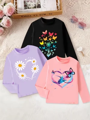 Pack of 3 Butterfly Breeze Printed Long Sleeve T-shirts for Girls
