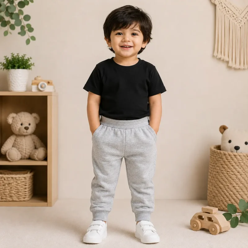 Casual Black Tee & Heather Grey Jogger Set For Kids Casual Black Tee & Heather Grey Jogger Set For Kids