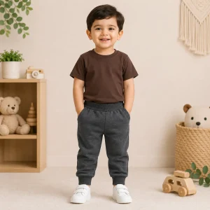 Casual Chocolate Tee & Charcoal Jogger Set For Kids