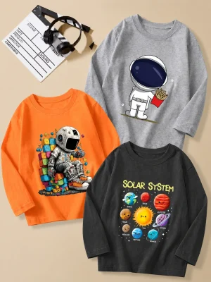 Pack of 3 Astronaut & Solar System Printed Long Sleeve T-Shirts for Kids