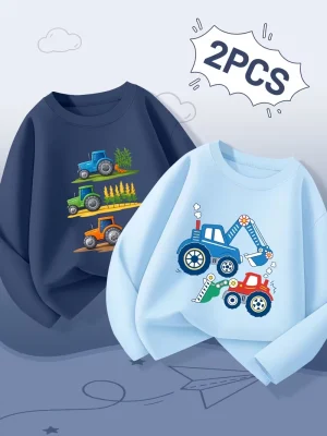 Pack of 2 Tractor Printed Long Sleeve T-shirts for Young Kids