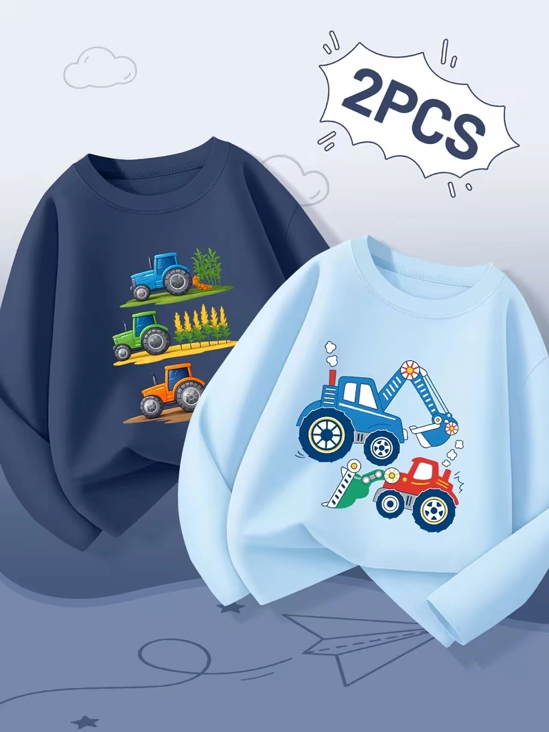 Pack of 2 Tractor Printed Long Sleeve T-shirts for Young Kids Pack of 2 Tractor Printed Long Sleeve T-shirts for Young Kids