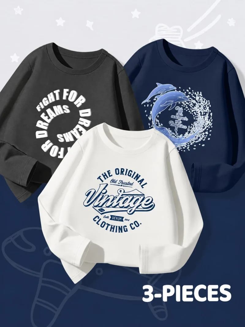 Pack of 3 Vintage Dreams Printed Long Sleeve T-Shirts for Kids