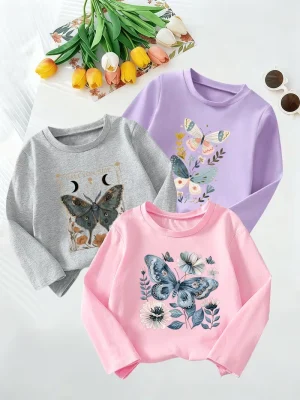 Pack of 3 Floral Butterfly Dreamy Printed Long Sleeve T-shirts for Girls