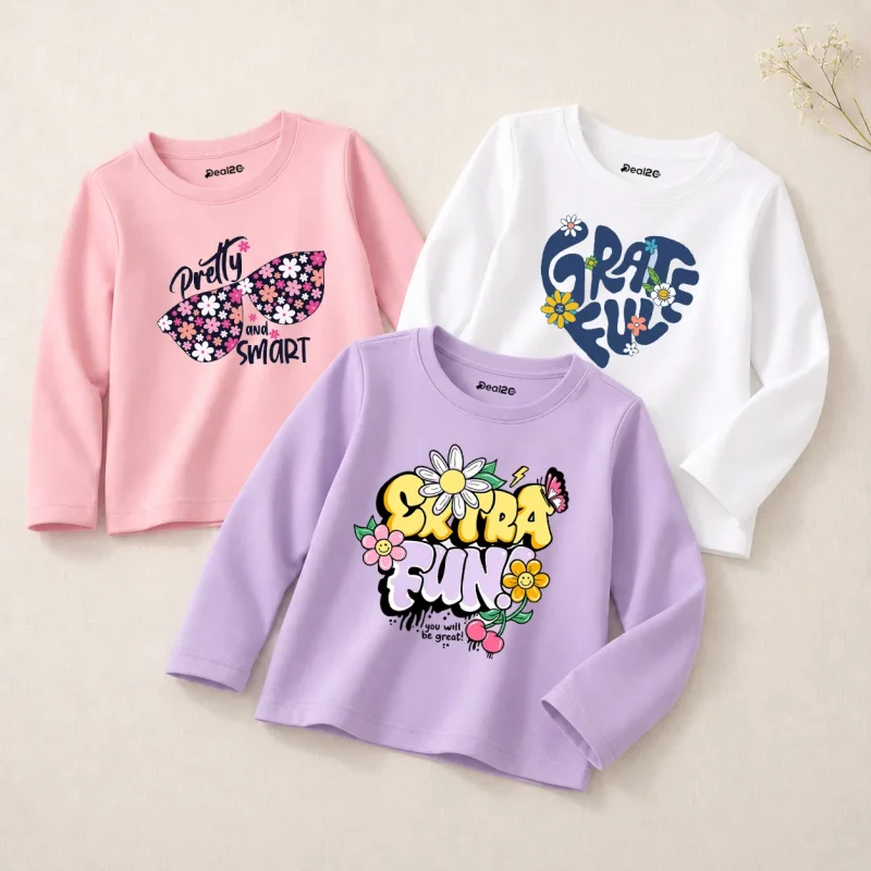 Pack of 3 Extra Fun Printed Long Sleeve T-shirts for Girls