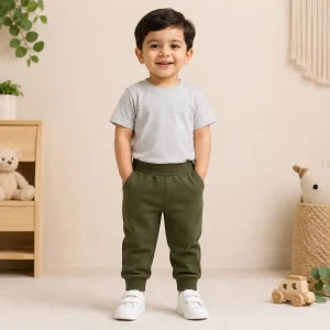 Casual Heather Grey Tee & Army Green Jogger Set For Kids