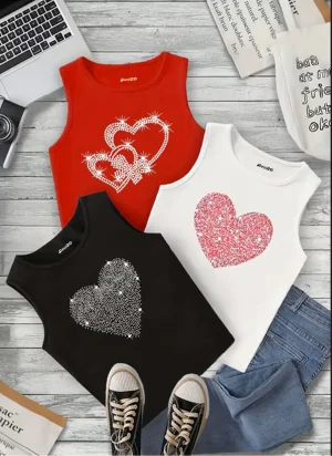 Pack of 3 Glitter Heart Girls Printed Tank Tops
