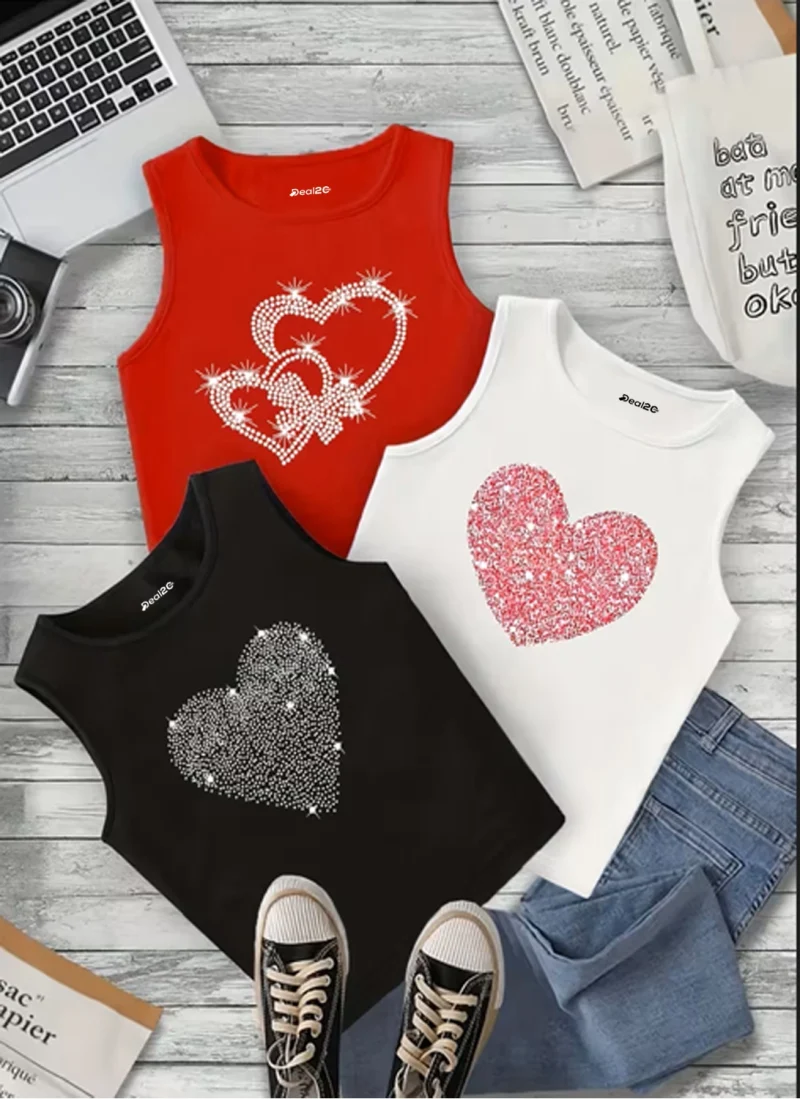 Pack of 3 Glitter Heart Girls Printed Tank Tops