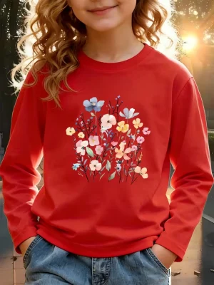 Floral Charm Printed Long Sleeve T-shirts for Girls