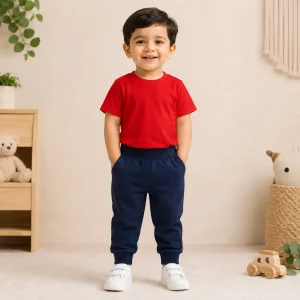 Casual Red Tee & Navy Blue Jogger Set For Kids