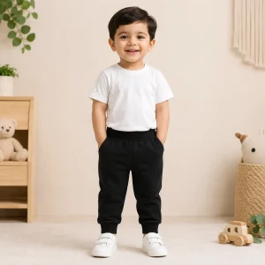 Casual White Tee & Black Jogger Set For Kids