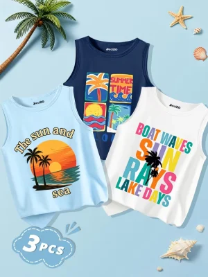 Pack of 3 Boat Waves Kids Printed Tank Tops
