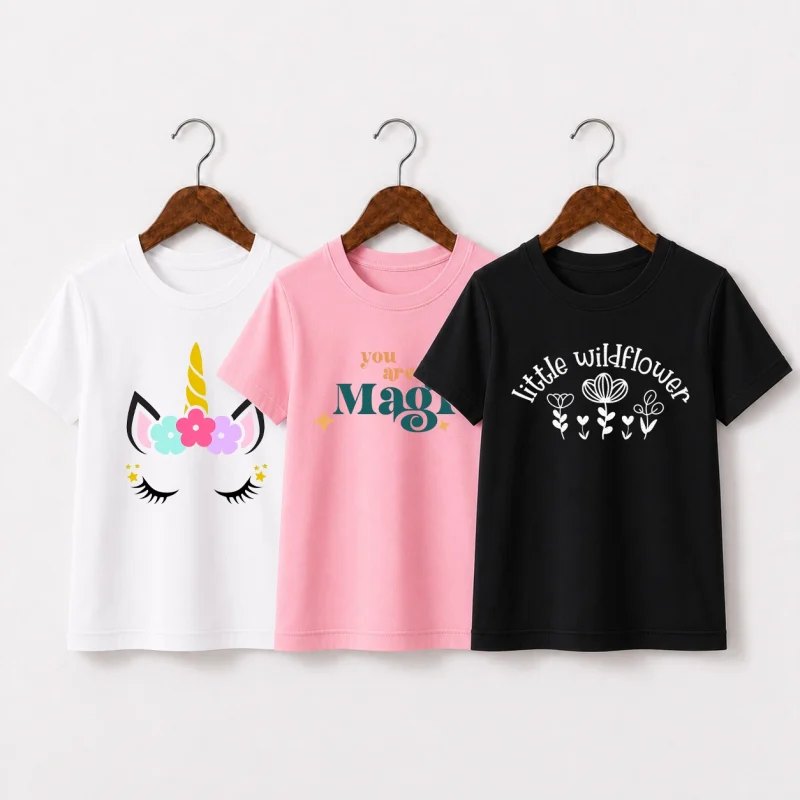Pack of 3 Unicorn Magic Flower Printed T-Shirts for Girls
