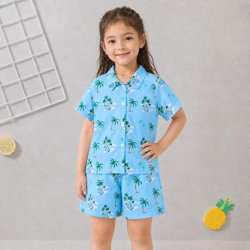 Ocean Palm Printed Girls Summer Short Suit Ocean Palm Printed Girls Summer Short Suit