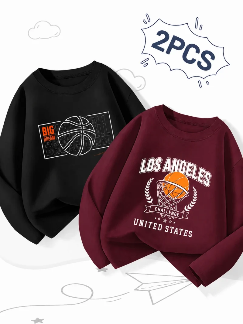 Pack of 2 Basketball Challenge Printed Long Sleeve T-Shirts For Tween Kids Pack of 2 Basketball Challenge Printed Long Sleeve T-Shirts For Tween Kids