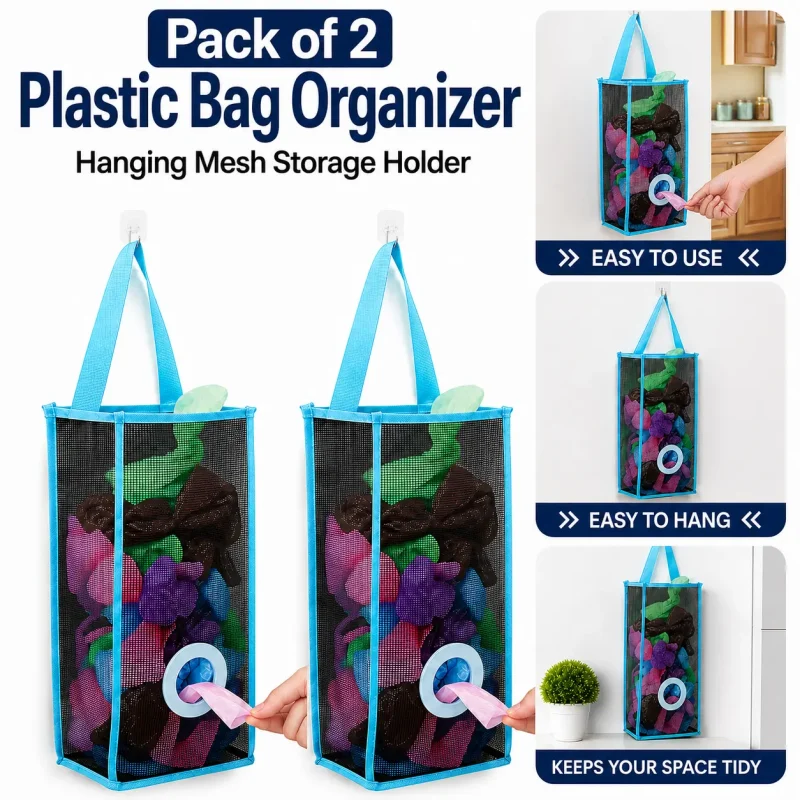 Pack of 2 Plastic Bag Organizer – Hanging Mesh Storage Holder Pack of 2 Plastic Bag Organizer – Hanging Mesh Storage Holder
