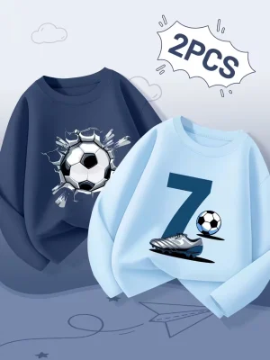 Pack of 2 Soccer Seven Printed Long Sleeve T-Shirts for Kids