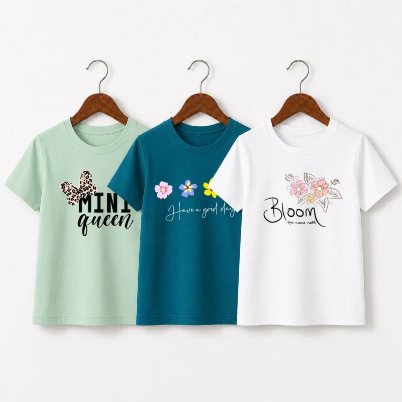 Pack of 3 Floral Queen Bloom Printed T-Shirts for Girls