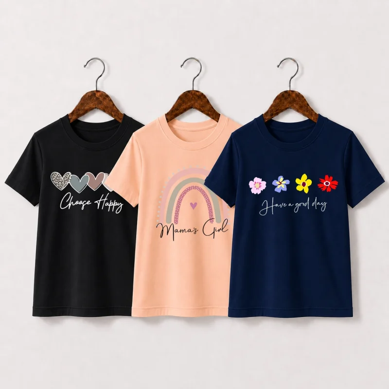Pack of 3 Happy Flowers Printed T-Shirts for Girls