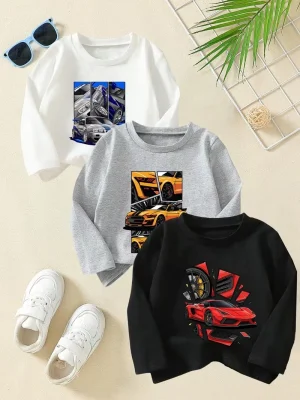 Pack of 3 Racing Cars Printed Long Sleeve T-Shirts for Kids