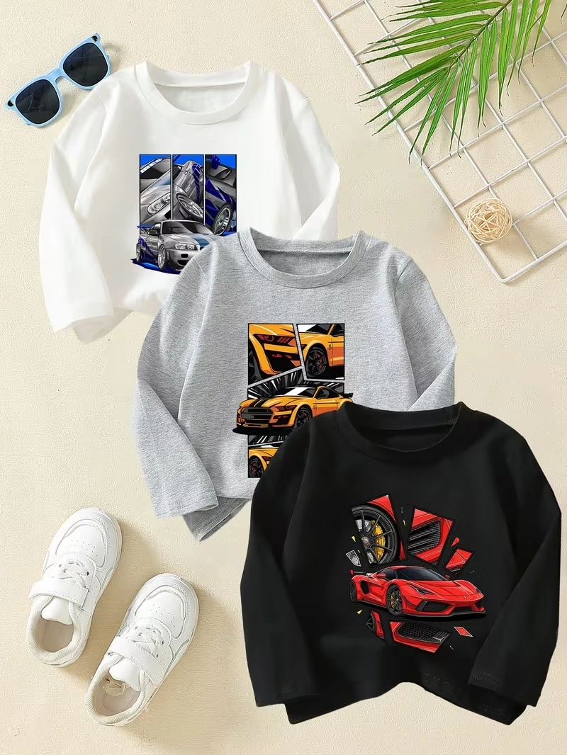 Pack of 3 Racing Cars Printed Long Sleeve T-Shirts for Kids Pack of 3 Racing Cars Printed Long Sleeve T-Shirts for Kids