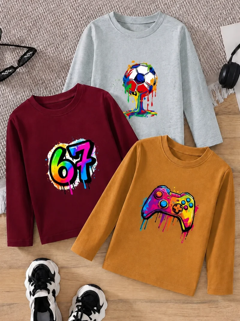 Pack of 3 Remote & Football Long Sleeve T-Shirts for Young Kids