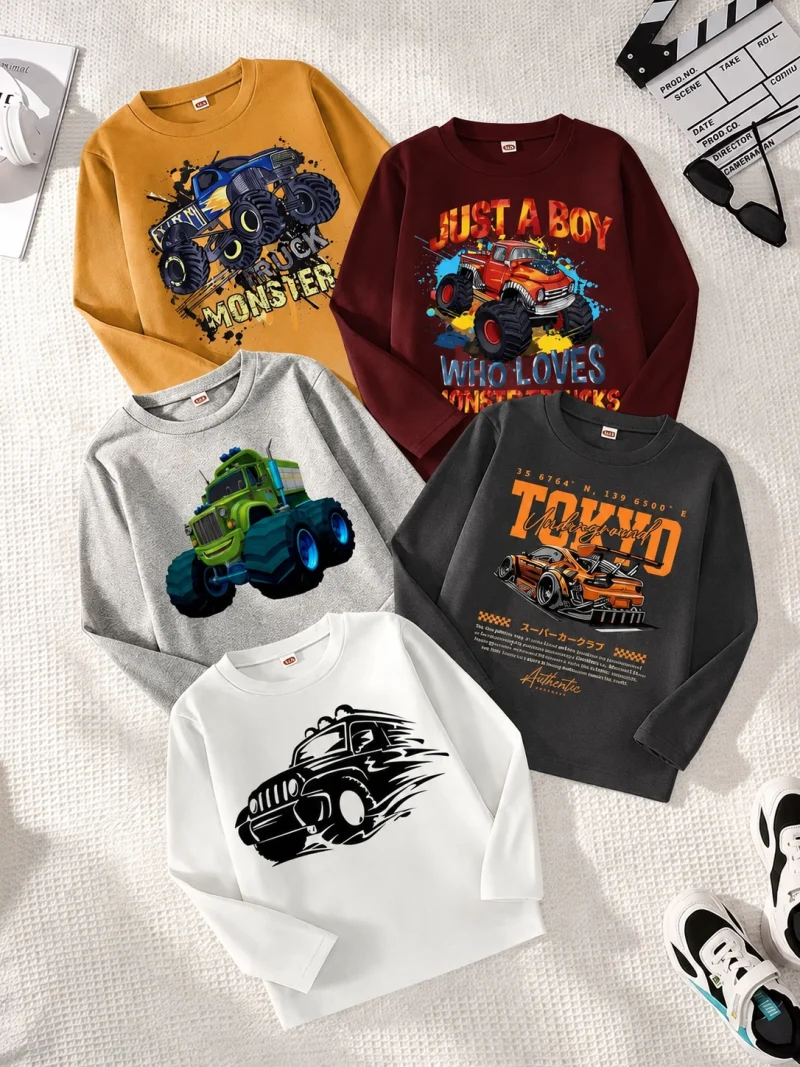 Pack of 5 Racing Monster Truck Printed Long Sleeve T-Shirts for Kids Pack of 5 Racing Monster Truck Printed Long Sleeve T-Shirts for Kids