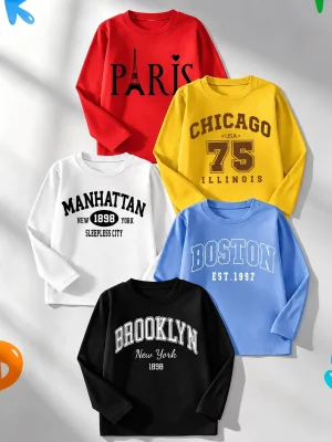 Pack of 5 Paris Brooklyn City Printed Long Sleeve T-Shirts For Tween Kids