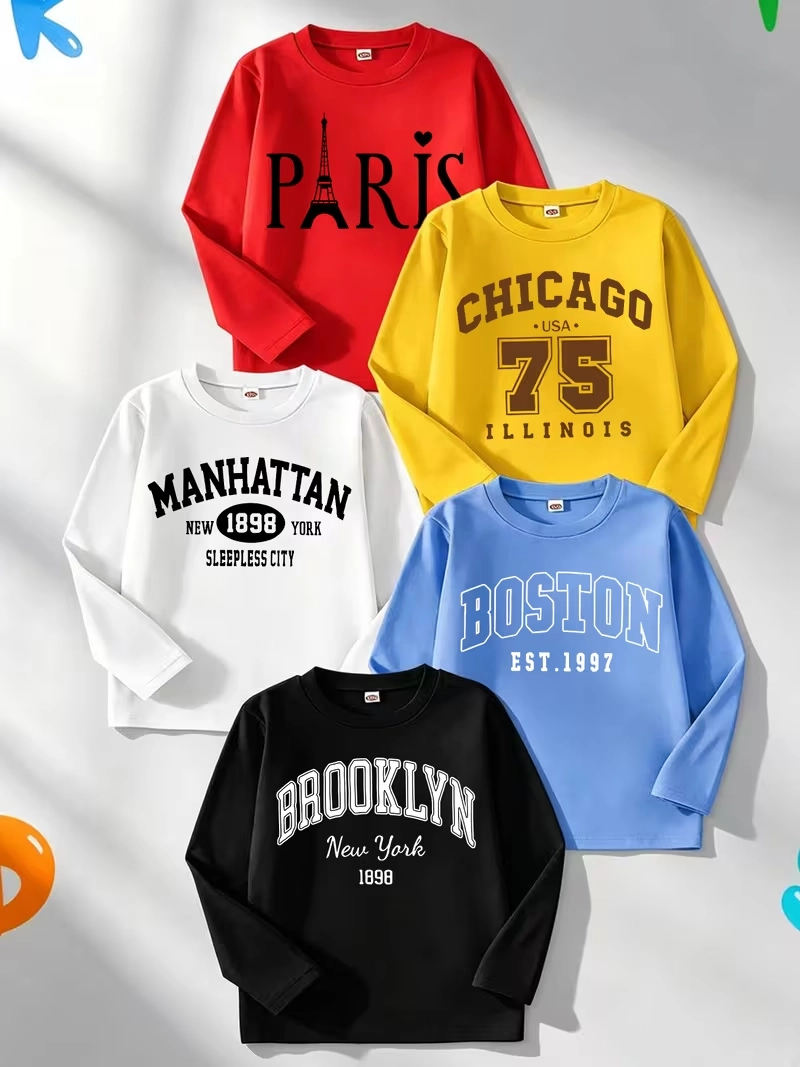 Pack of 5 Paris Brooklyn City Printed Long Sleeve T-Shirts For Tween Kids Pack of 5 Paris Brooklyn City Printed Long Sleeve T-Shirts For Tween Kids