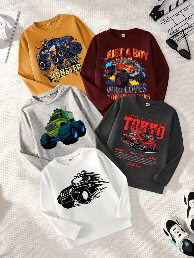 Pack of 5 Racing Monster Truck Printed Long Sleeve T-Shirts for Kids Pack of 5 Racing Monster Truck Printed Long Sleeve T-Shirts for Kids