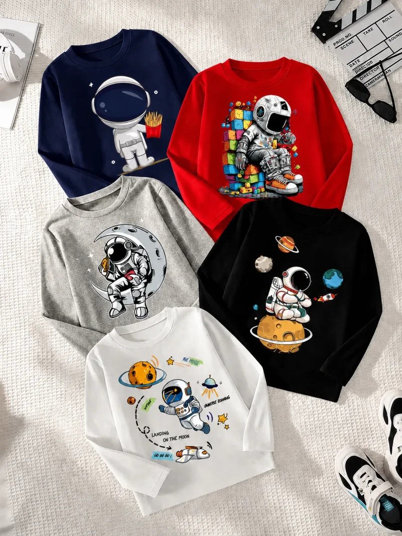 Pack of 5 Cosmic Adventure Printed Long Sleeve T-Shirts for Young Kids