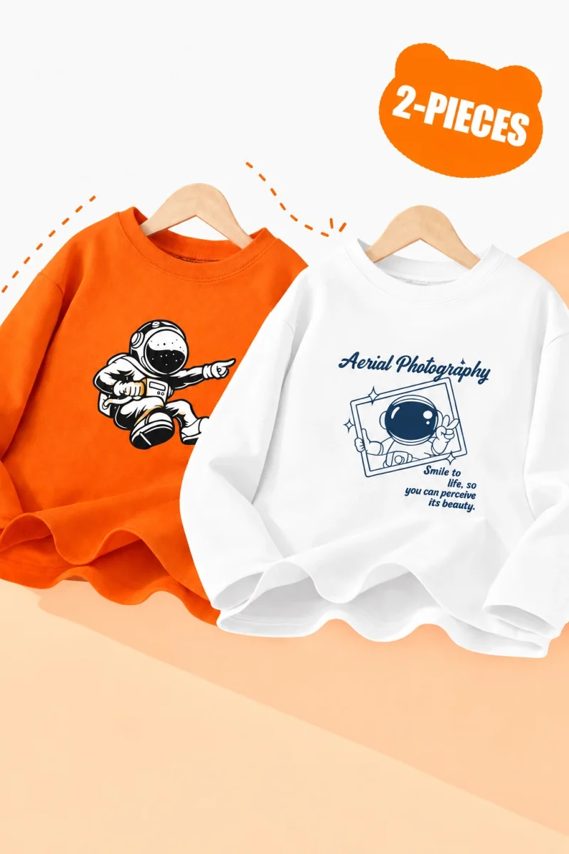 Pack of 2 Space Explorer Long Sleeve T-Shirts for Young Kids