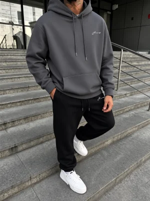 Contrast Charcoal Signature Printed Hooded Tracksuit for Men