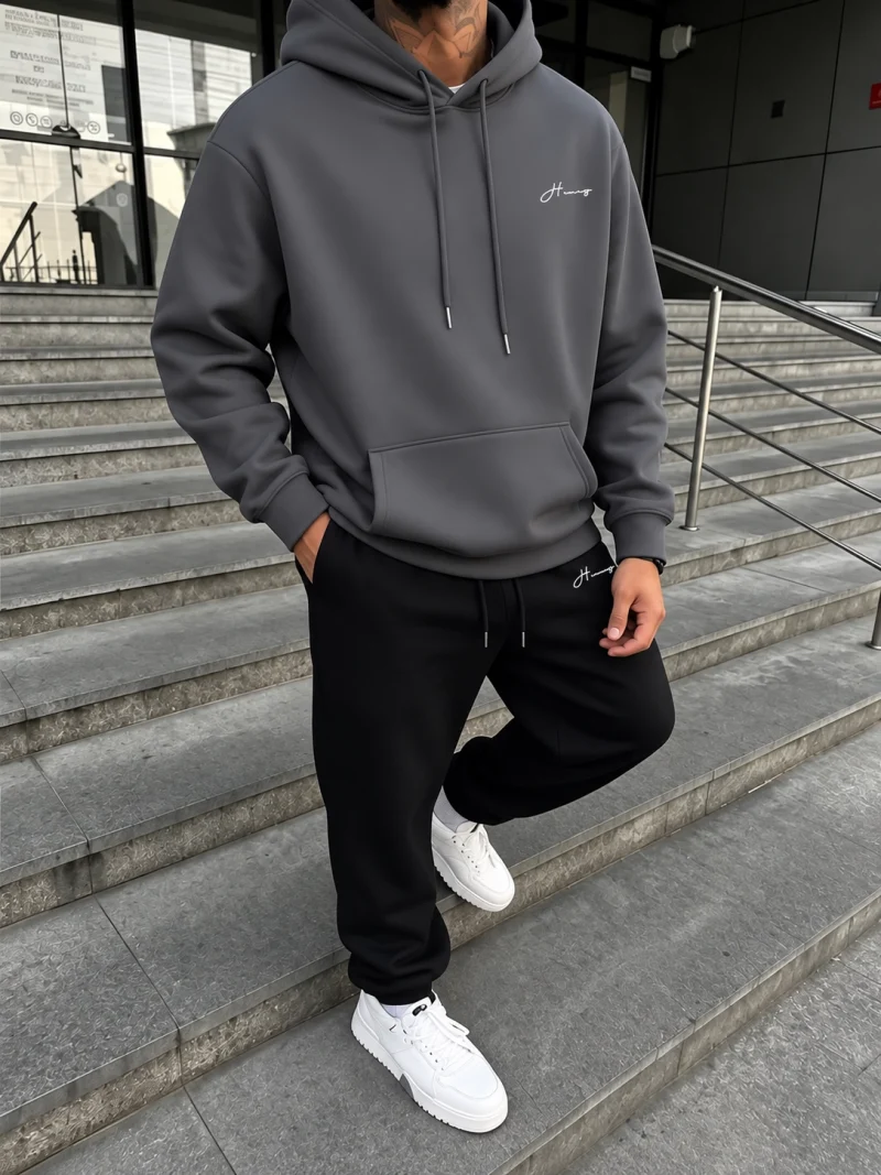 Contrast Charcoal Hugo Boss Signature Printed Hooded Tracksuit for Men