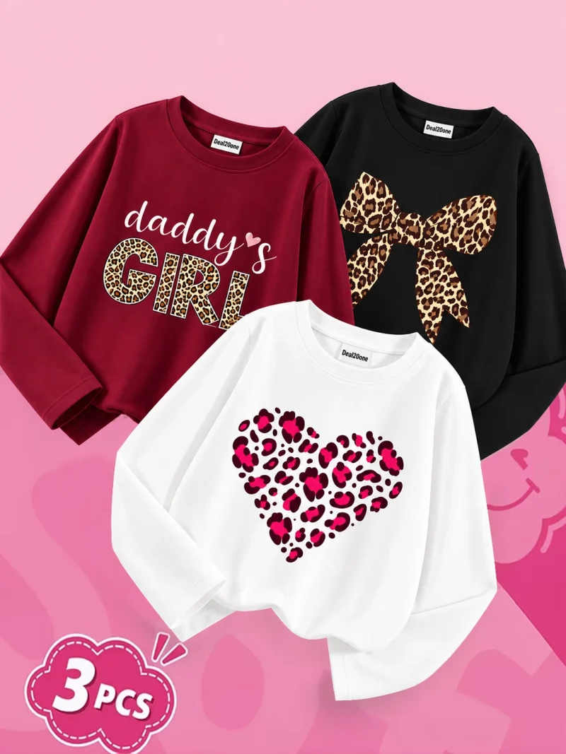 Pack of 3 Heart Leopard Bow Printed Long Sleeve T-shirts for Girls