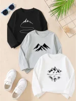 Pack of 3 Nature Adventure Mountain Printed Long Sleeve T-Shirts For Tween Kids