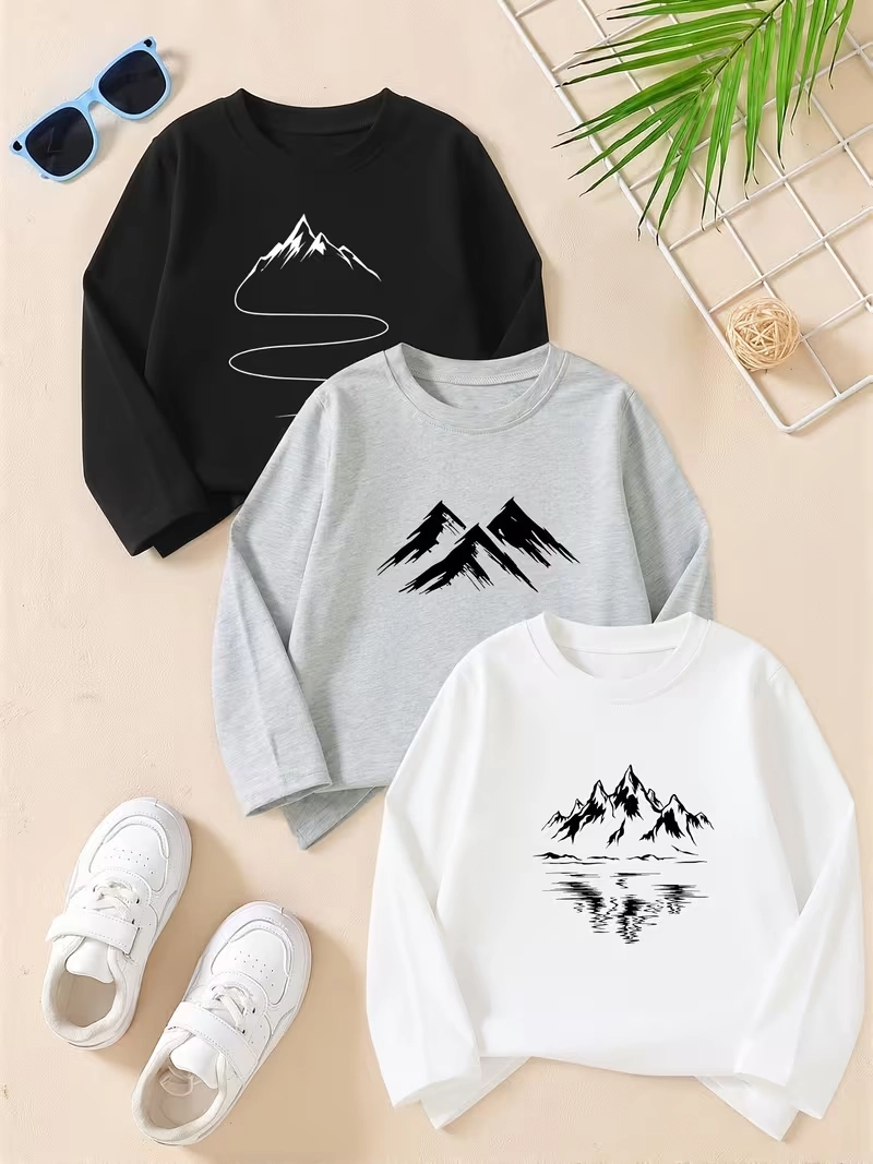 Pack of 3 Nature Adventure Mountain Printed Long Sleeve T-Shirts For Tween Kids