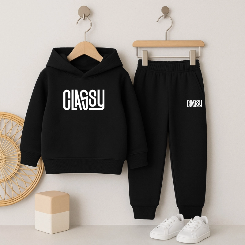 Classy Printed Black Hooded Tracksuit For Tween Kids