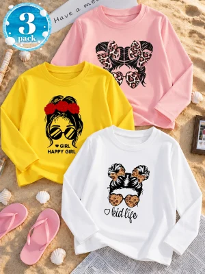 Pack of 3 Happy Girl Life Printed Long Sleeve T-shirts for Girls